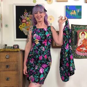 Vintage Floral Mini Dress and Blazer Set, 1980s Dawn Joy Flower Print Suit Sz M